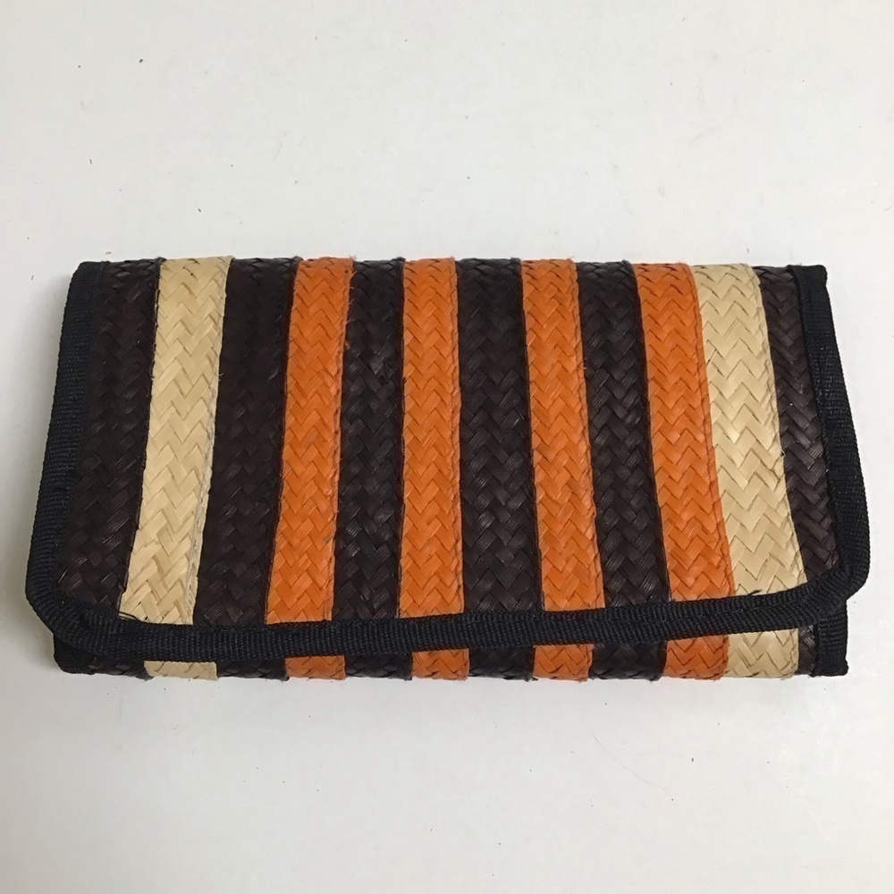 Handmade Woven Straw Wallet Zip Pouch Stripe Clutch Raffia Natural Brown Orange - Picture 4 of 9
